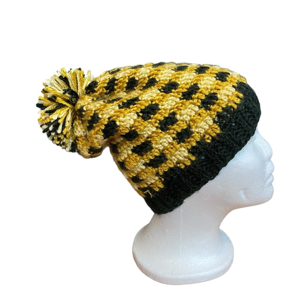 Handmade Gold, Tan, and Black Knit Beanie/Hat with Pom-Pom